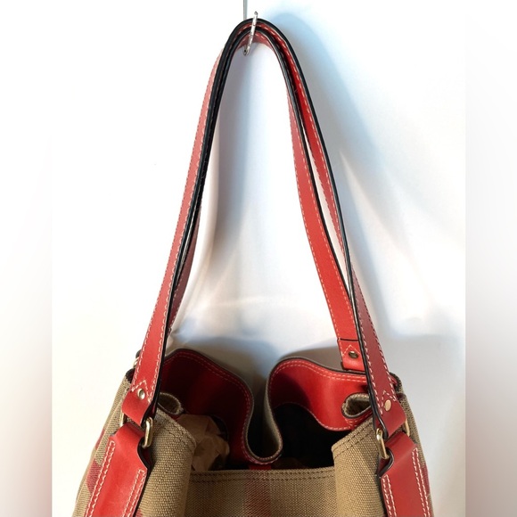 Burberry Maidstone Large Check Canvas Tote Bag Red Leather Trim - Picture 4 of 16